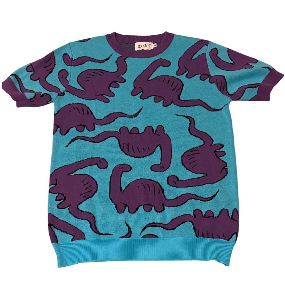OXKNIT Teal Purple Dinosaur 100% Cotton Short Sleeve Knit Sweater Small